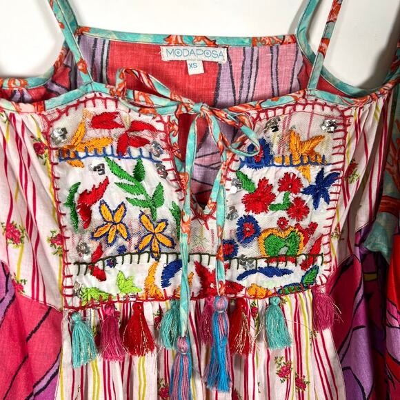 Modaposa Women's Vibrant Cold Shoulder Top XS Pink Blue Embroidered Boho Summer - Picture 6 of 8